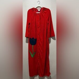 70s Models Coat Tulip Pocket Robe House Coat Sz 16 Red  Button-Up Robe Vintage